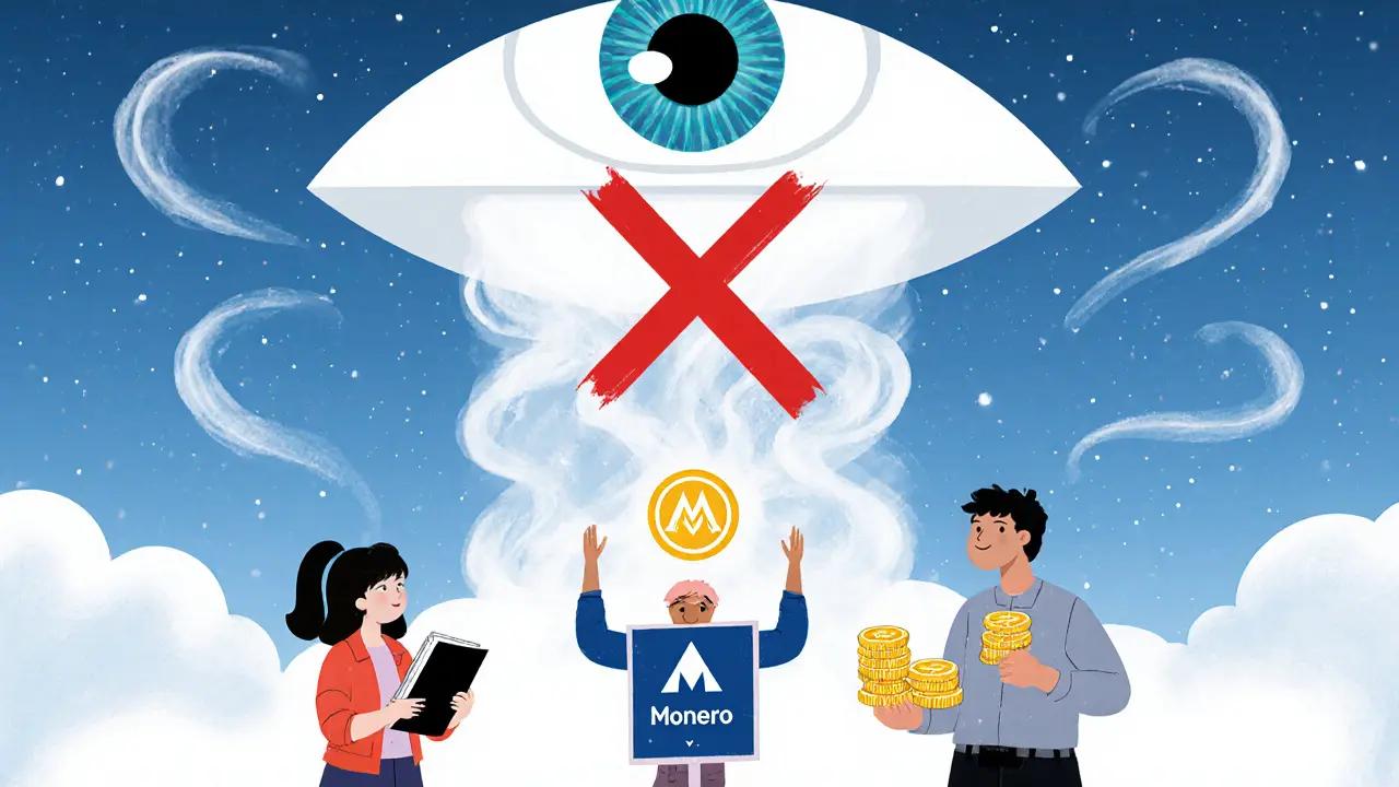 Journalists, activists, and business owners receive private Monero coins through invisible portals while a watching eye sees only mist.