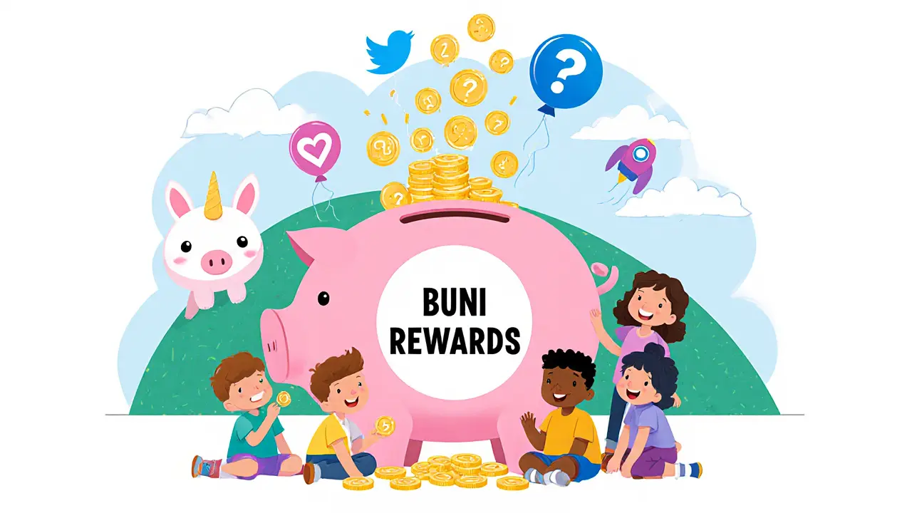Kids dropping rewards into a piggy bank labeled BUNI, with a Bunicorn mascot watching happily.