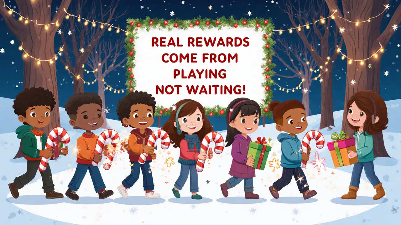 Kids play in a festive DogemonGo park where NFT plots grow presents, with a sign saying real rewards come from playing.
