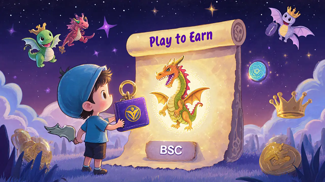 A child placing a wallet keychain into a portal as their dragon grows with rewards and future features glow above.