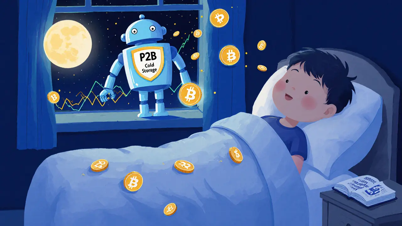 A child sleeps on a coin bed, dreaming of a P2B robot and glowing tokens, with a blockchain moon outside the window.