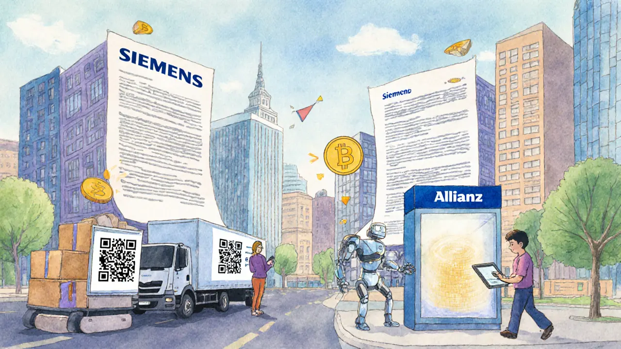 A city of smart contract buildings with Siemens trucks and Allianz robots handing out digital insurance policies.