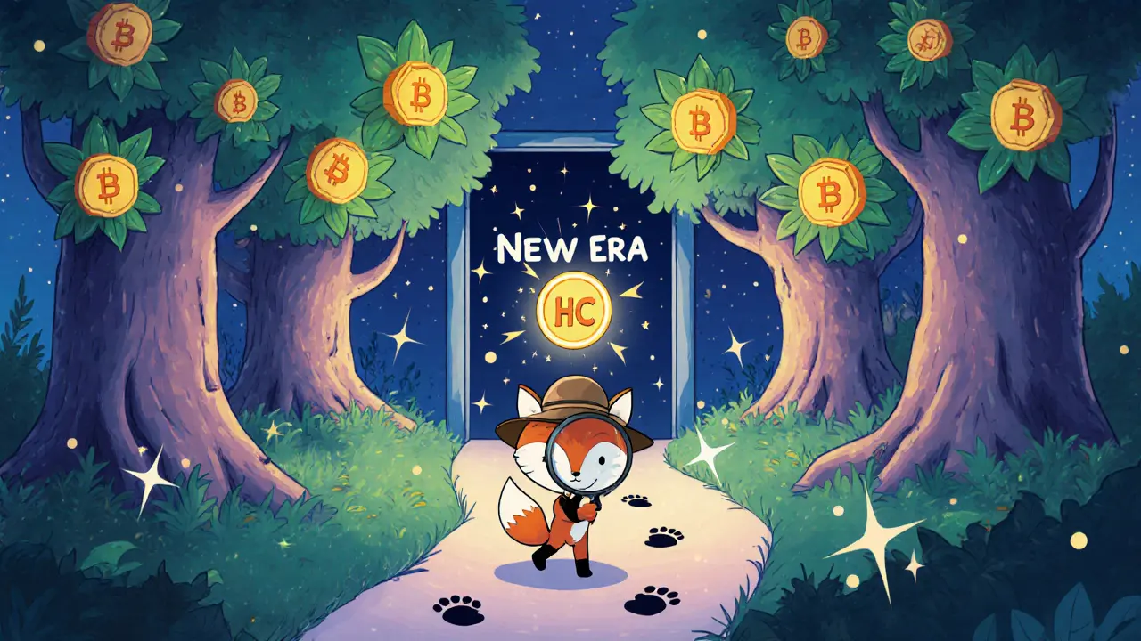 A curious fox in a detective hat examines a glowing HC token in a magical forest made of blockchain trees and floating NFT leaves.