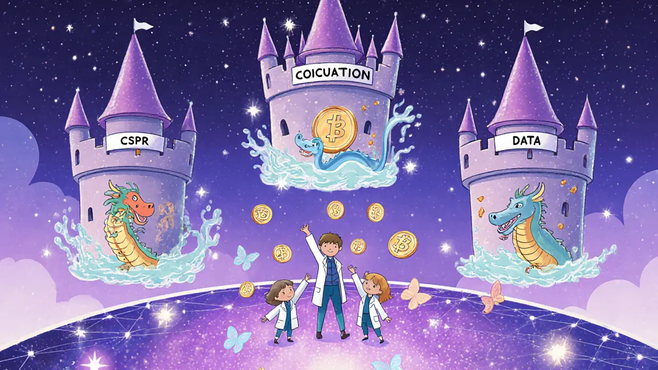 A magical castle with three floating towers and liquid CSPR dragons flying into a connected cosmos galaxy.