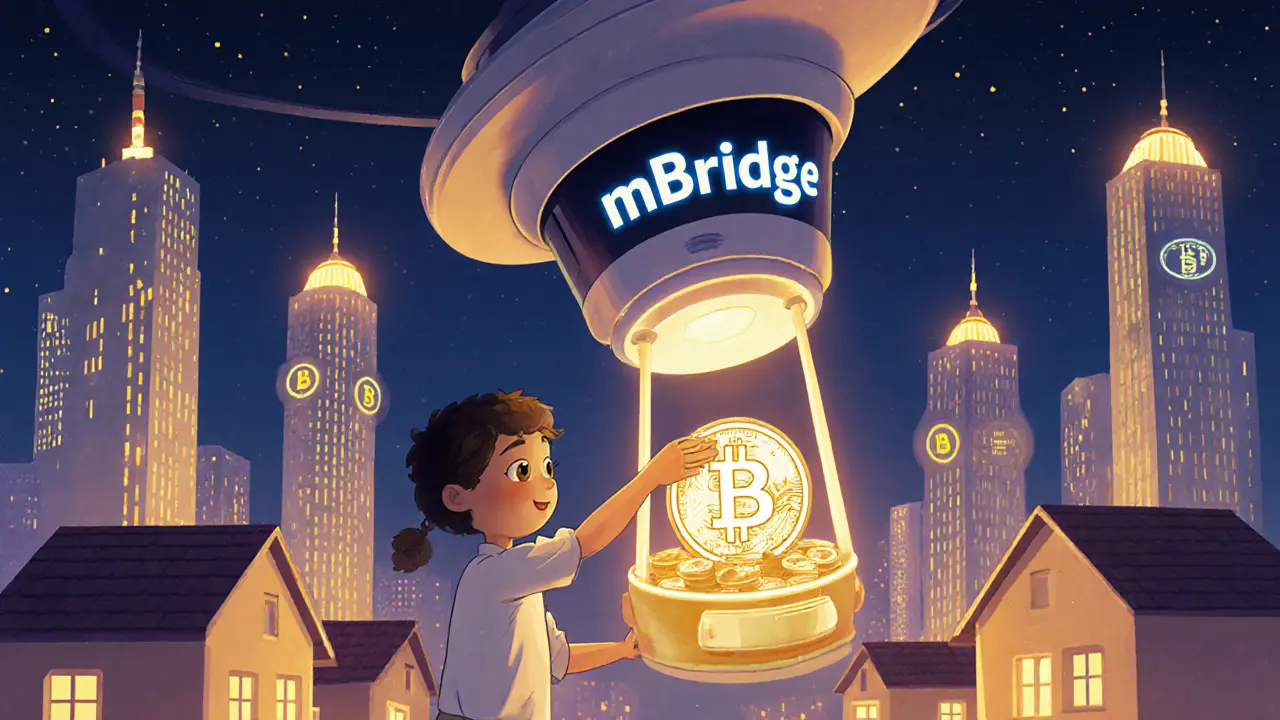 A robot named mBridge delivers digital coins to homes in a glowing Saudi city, children use a lantern-shaped wallet.