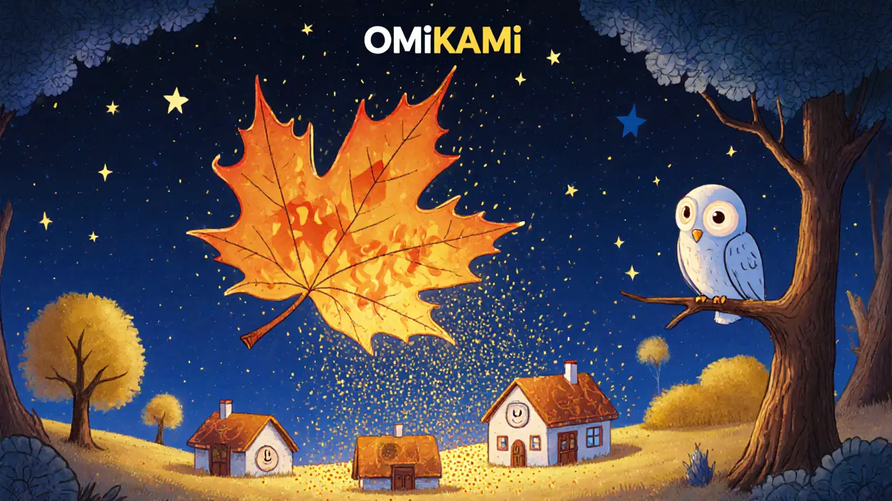 Autumn leaves turning to golden sparks above a village of smiling crypto wallet houses.