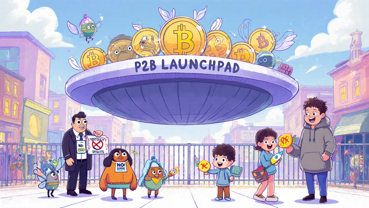 Cartoon crypto projects line up to launch on a floating platform while a restricted regulator stands outside a fence, in a whimsical marketplace.