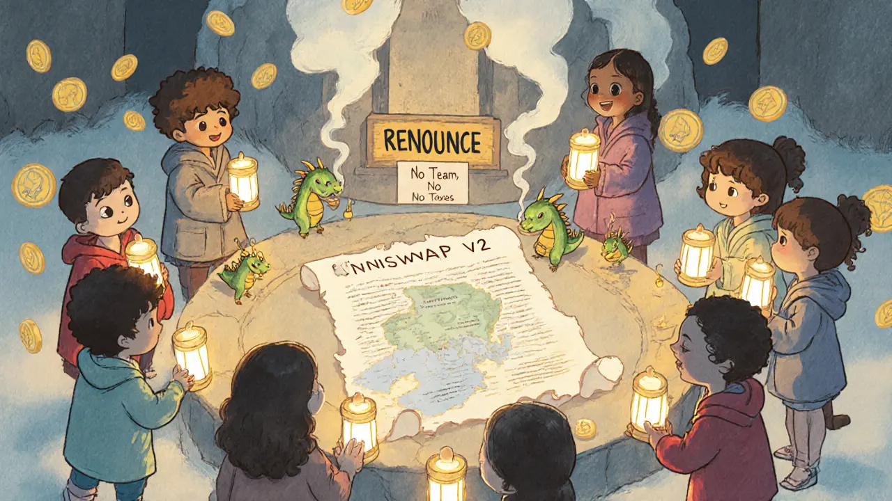 Children holding lanterns around a renounced contract scroll under a glowing Uniswap map.