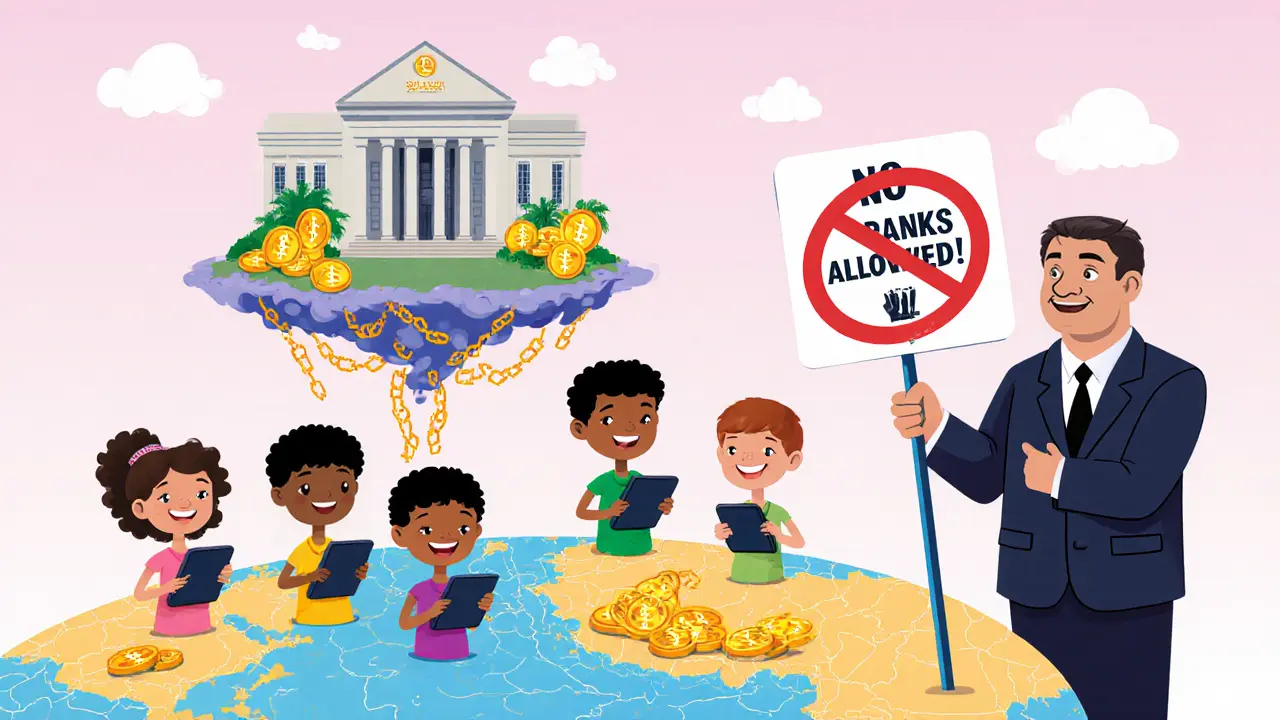 Children trade crypto coins on a floating map, a central bank building emits blockchain chains in the distance.