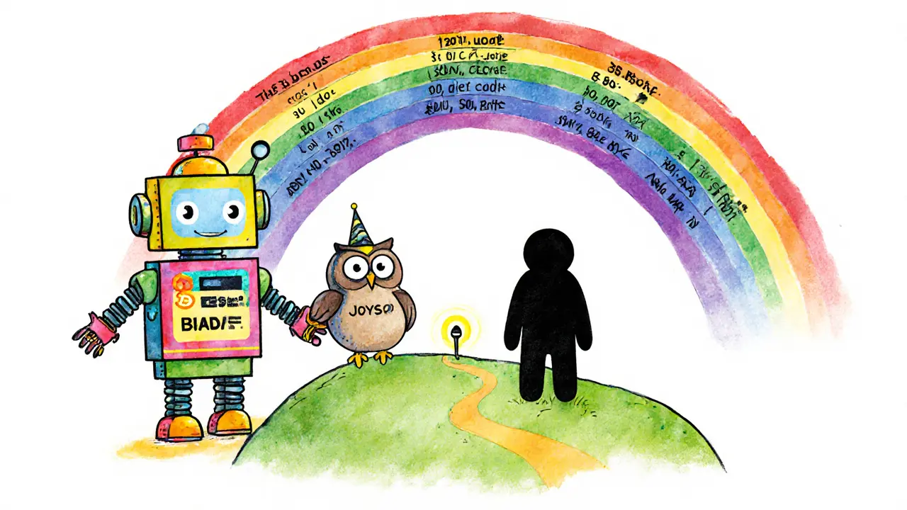 Friendly trading platforms on a rainbow bridge contrast with a lonely figure on an isolated island labeled Joyso.
