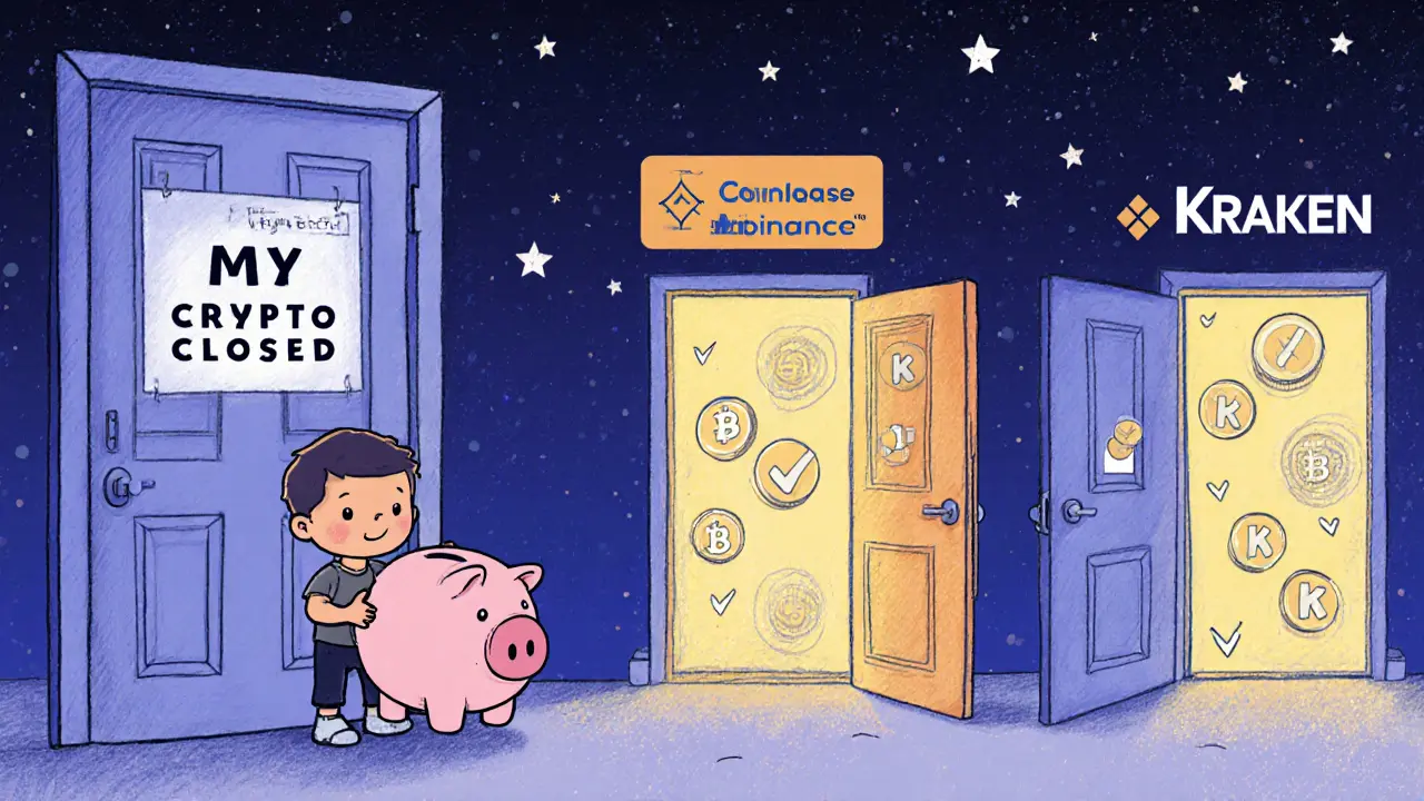 A child faces a closed door labeled RightBTC, while three glowing, open doors to safe exchanges wait behind.