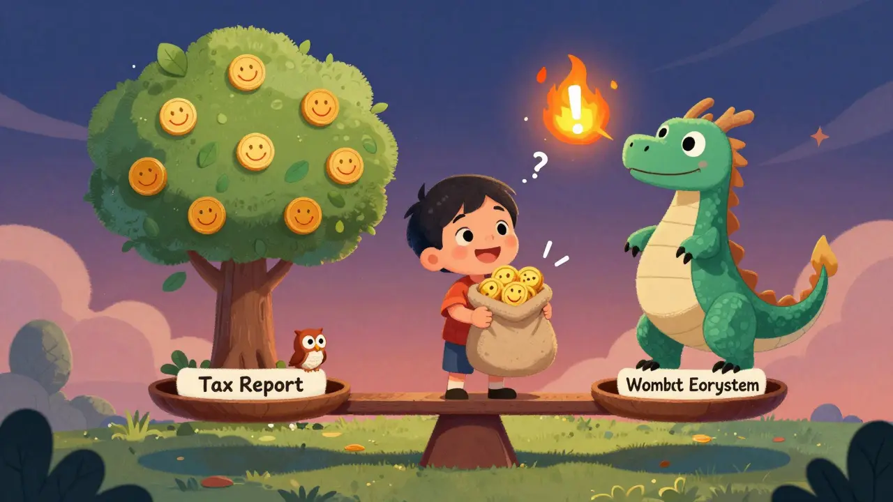 A child holds 47 WMX tokens on a scale balanced against tax and governance symbols, with a friendly Wombat dragon nearby.