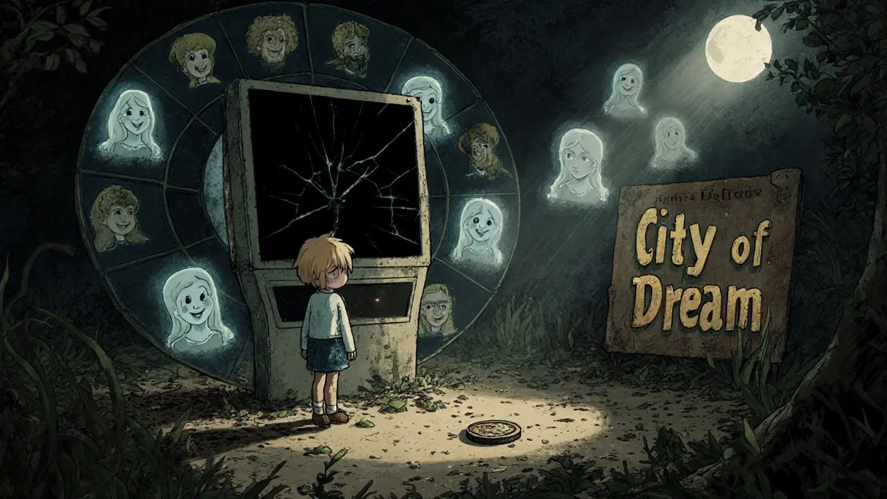 A child standing before a broken zodiac kiosk, ghostly avatars fading away, with a single TWELVE token on the ground.