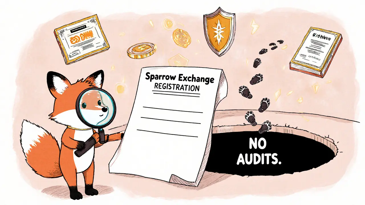A fox using a magnifying glass on an empty registration paper, while trusted exchanges shine brightly in the background.