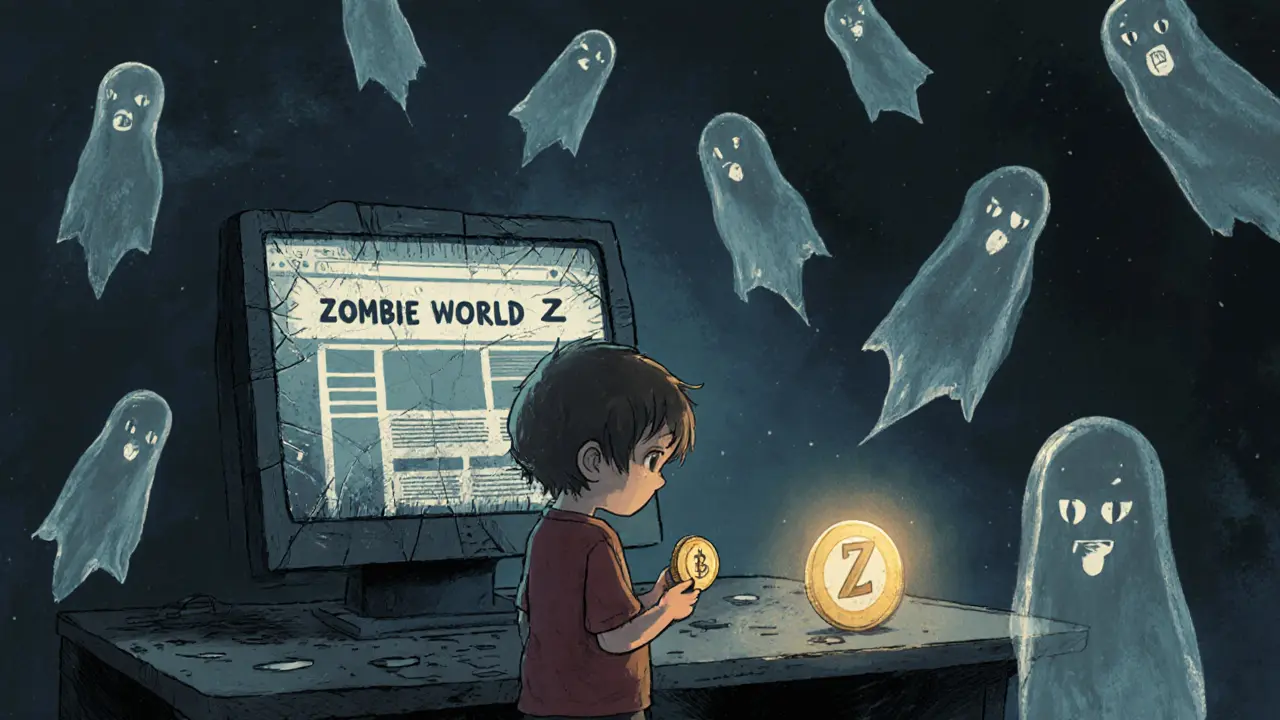 A lonely child holding a single worthless crypto token in a dark room, surrounded by fading digital ghosts and a dead website.