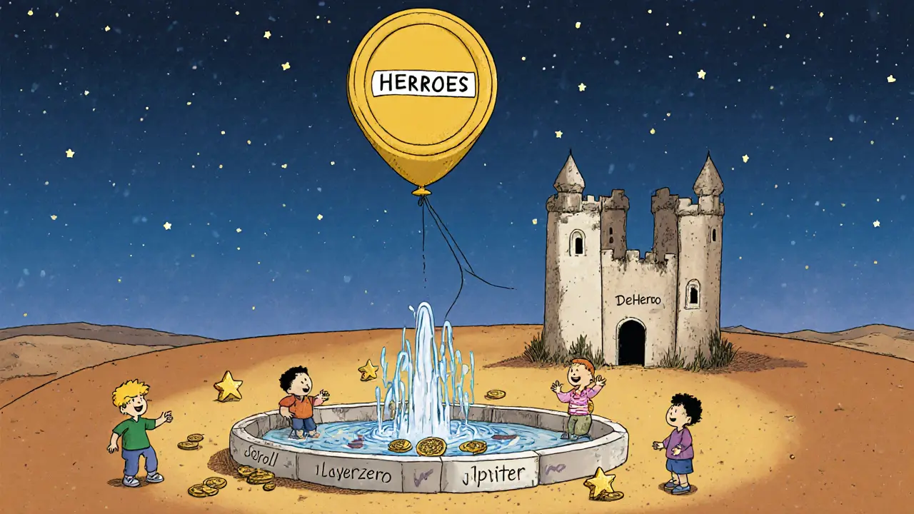 A lonely HEROES token balloon floats above a crumbling castle, while children play with real tokens below.