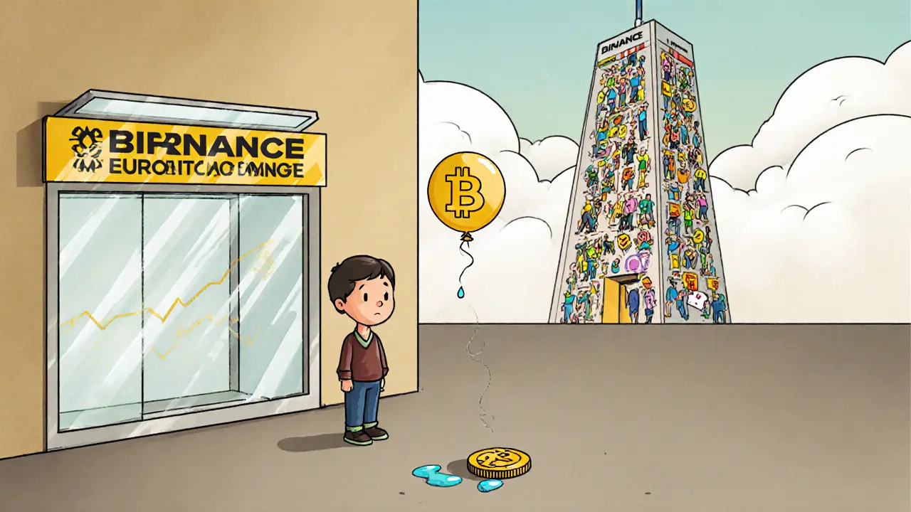 A lonely trader faces an empty exchange kiosk while a vibrant, busy competitor tower looms in the distance.