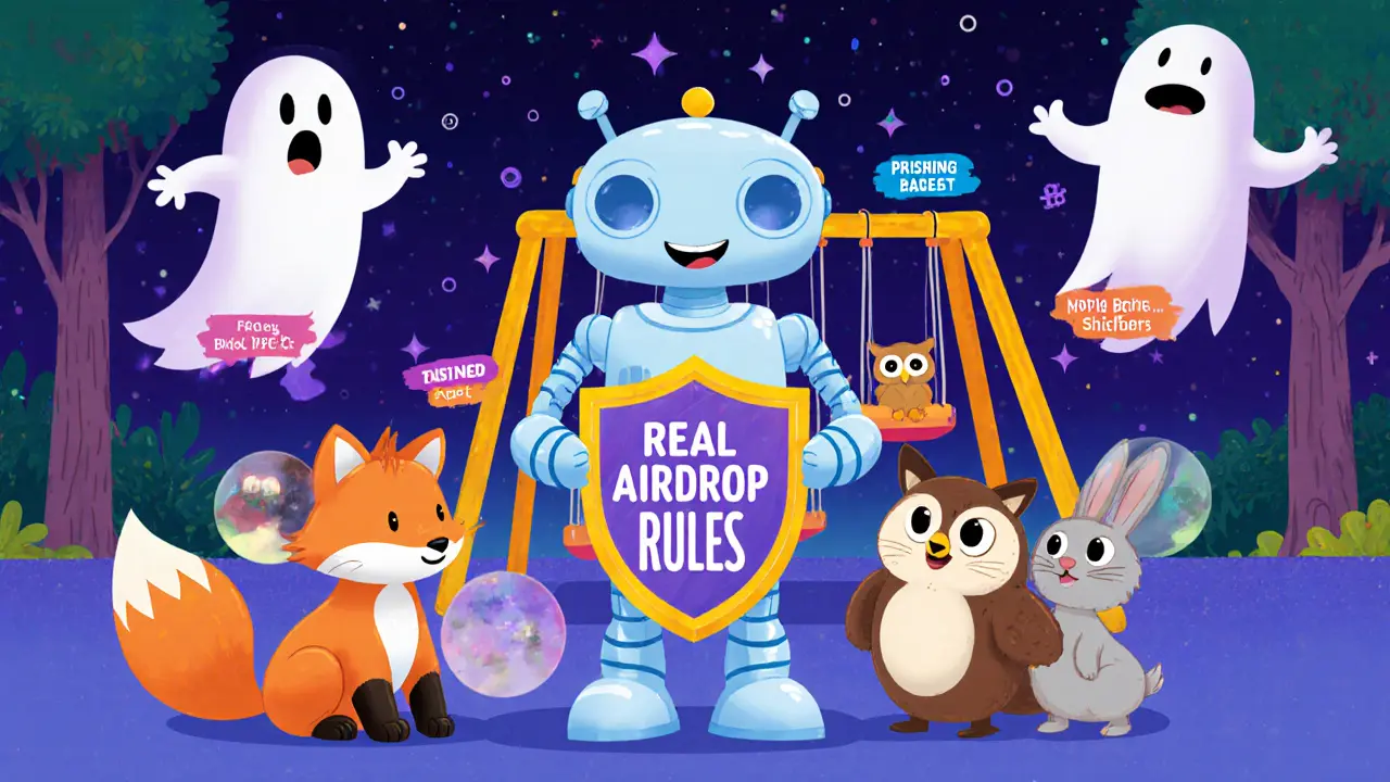 A robot shield protects animal friends from ghostly scam figures while they play in a safe, labeled playground.