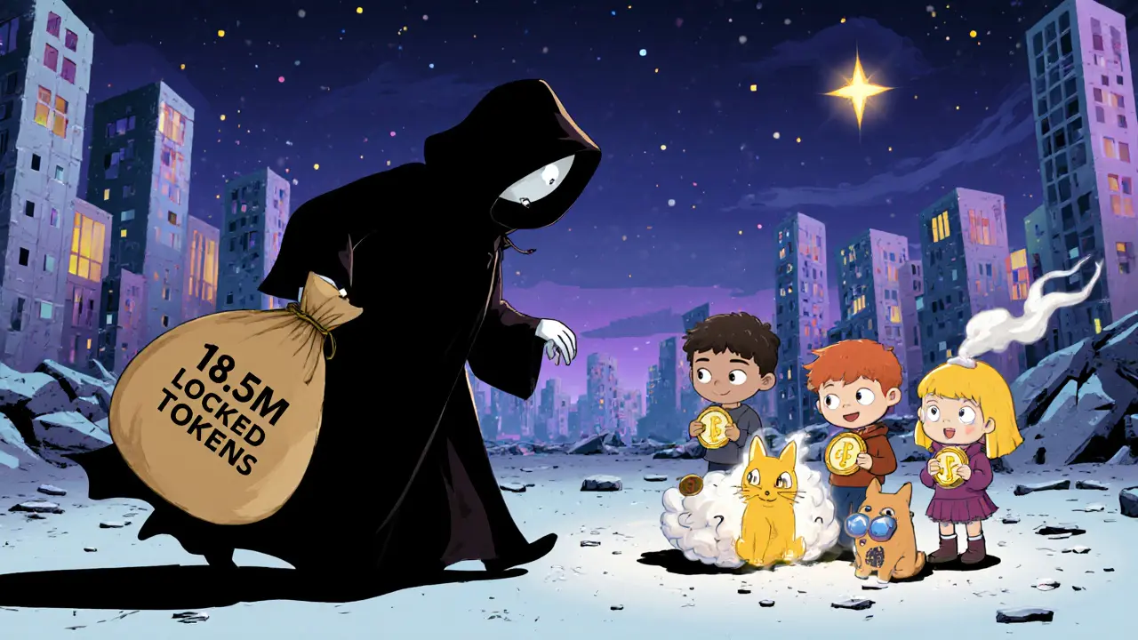 A shadowy figure sneaks away with locked tokens as children&#039;s NFT pets fade into smoke beside a crumbling metaverse city.