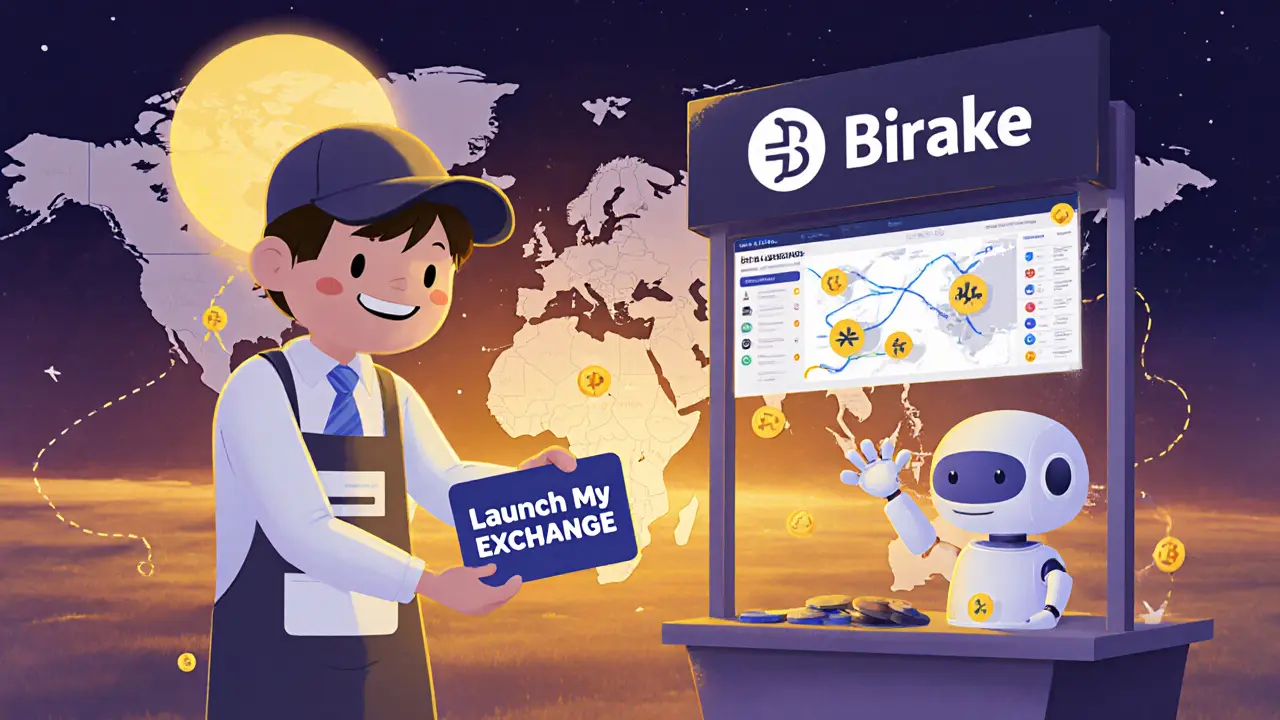 A small business owner receives a branded crypto exchange from a helpful robot, with global liquidity connections glowing.