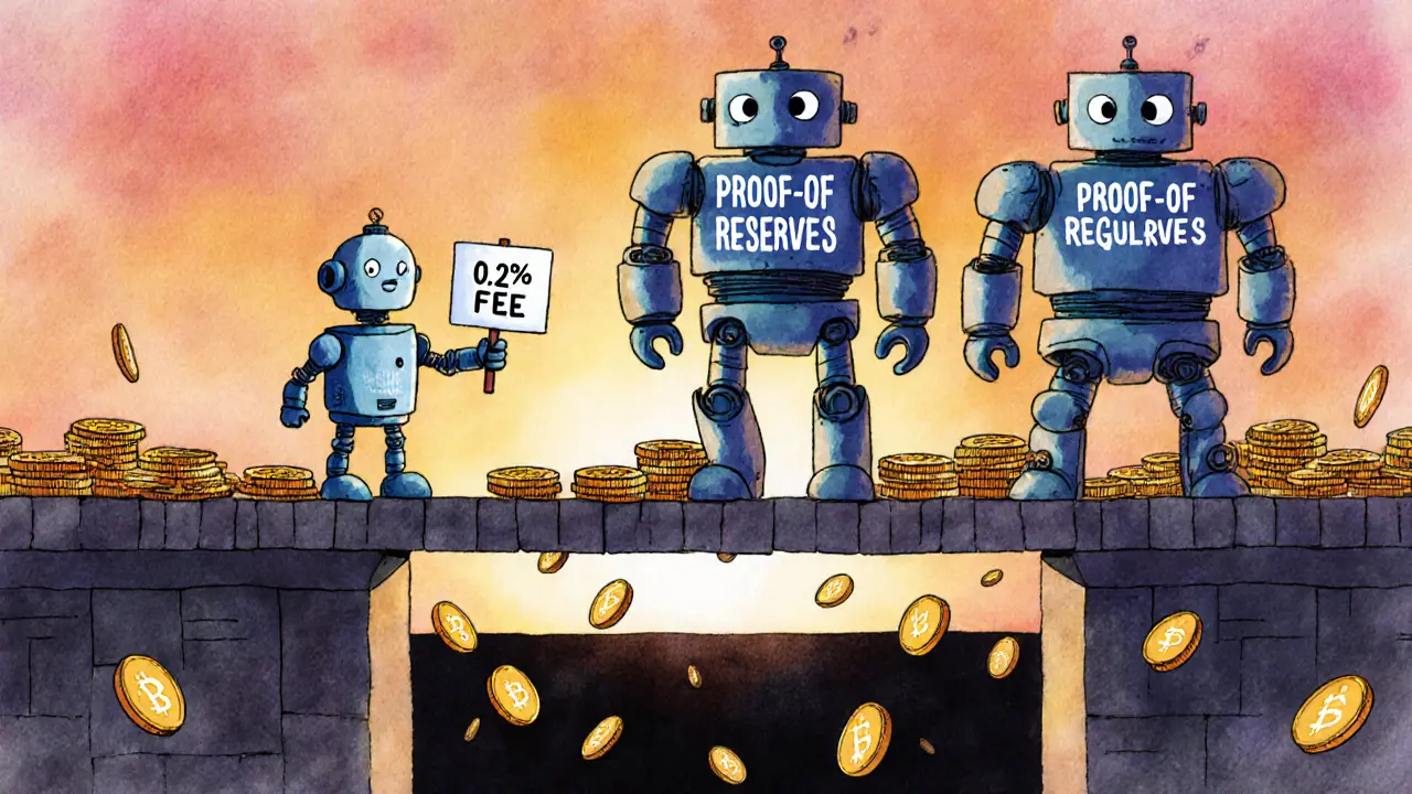 A small robot with a fee sign stands on a crumbling coin bridge as safer robots walk ahead on a solid path.