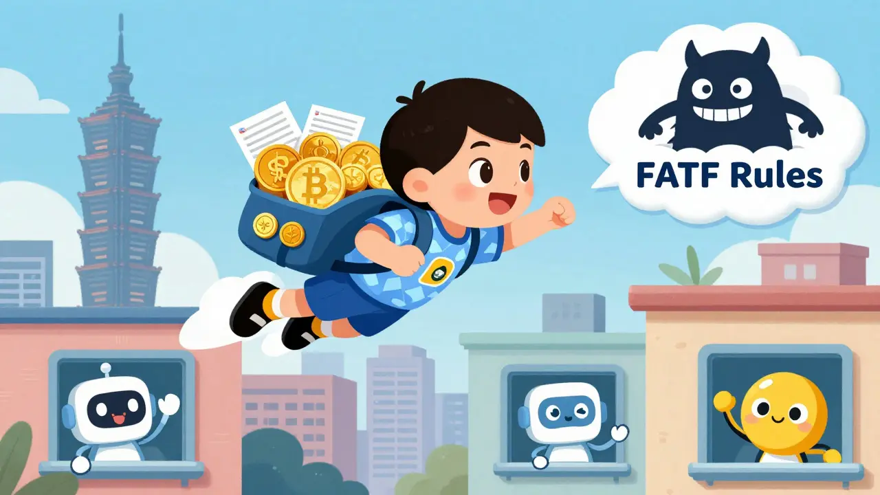 A superhero child flies over Taipei with crypto coins and tax forms, chasing a shadowy monster.