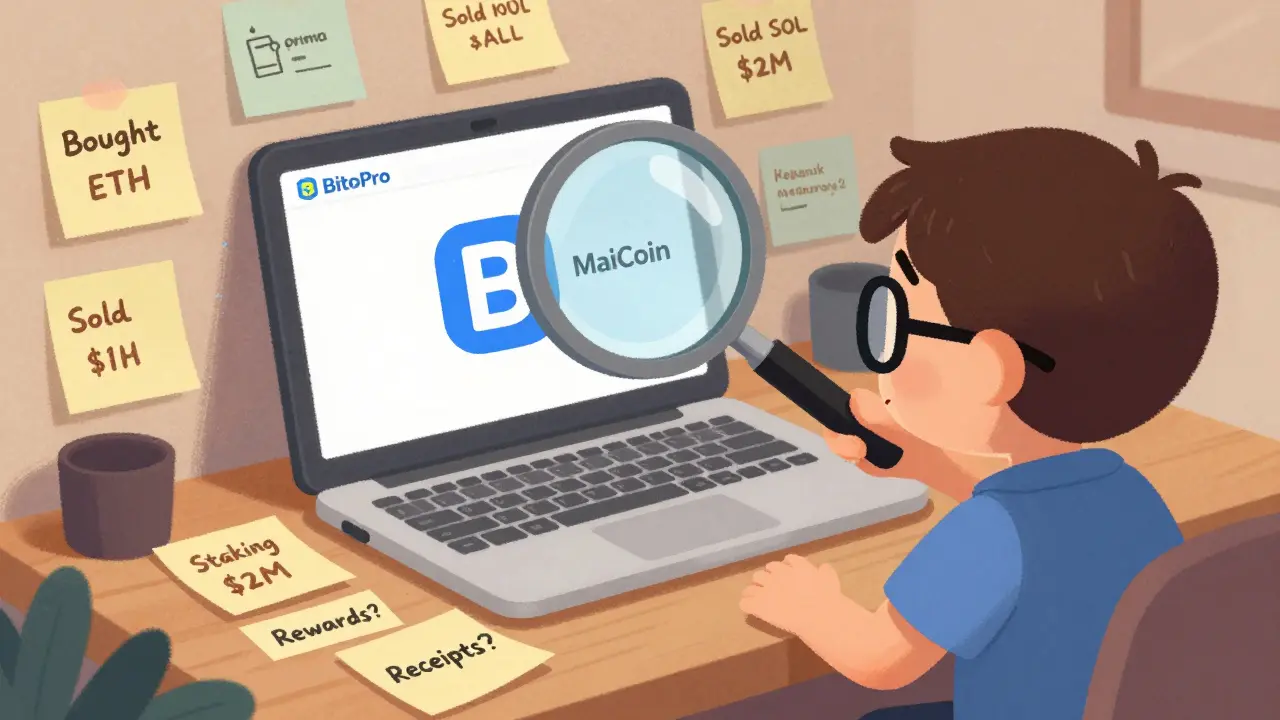 A trader at a desk surrounded by crypto transaction notes, with a magnifying glass and a cat watching.