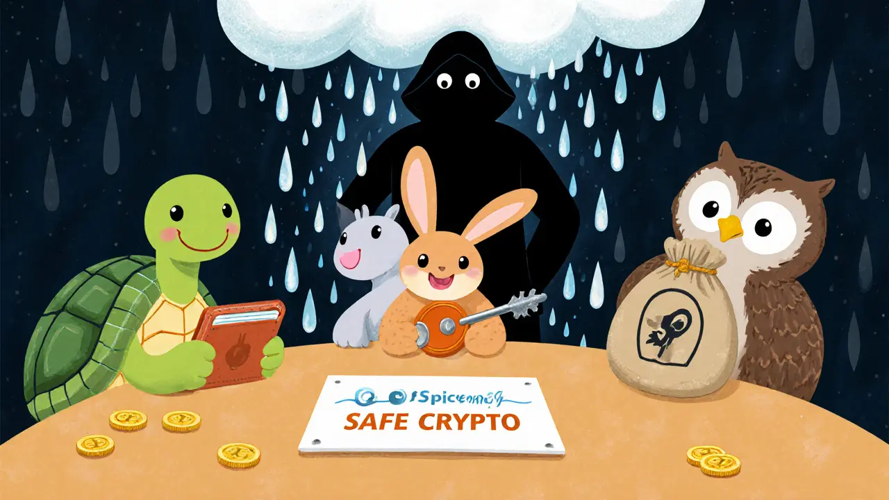 Animals safely holding wallets as a shadowy figure with a sack slips away into a storm, symbolizing scam avoidance.