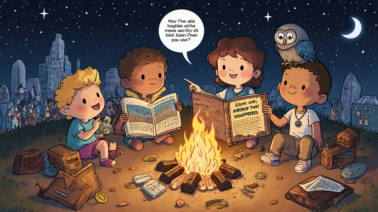 Kids gathered around a campfire learning from a storybook about a failed crypto airdrop, with a wise owl offering advice.