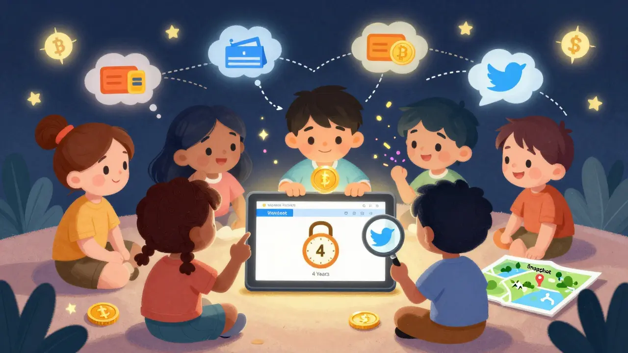 Kids interact with a Wombex website on a tablet, locking tokens and following Twitter icons in a cozy, starry DeFi-themed room.