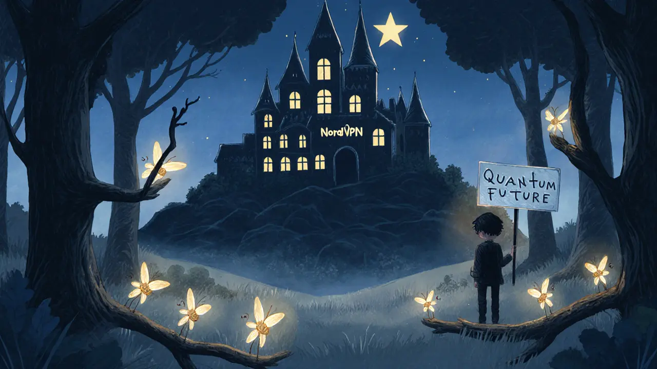 500 glowing fireflies represent active KEL users in a quiet forest, while a giant VPN castle shines far away.