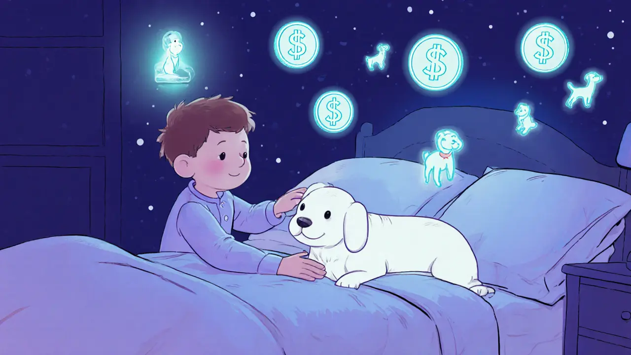 A boy petting his glowing NFT dog at night with floating $DOGA tokens and a blockchain symbol on the wall.