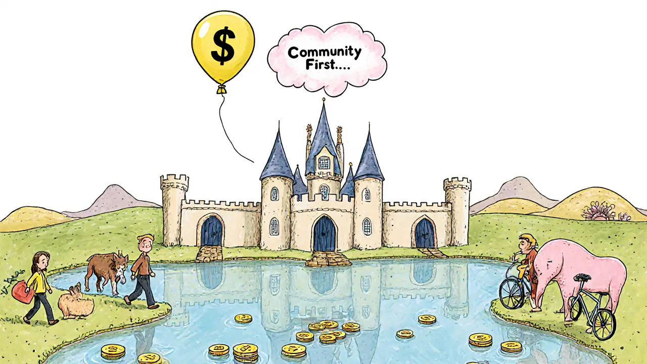 A castle made of blockchain ledger flows with coins from microbusinesses and farmers, a heart cloud replacing profit.