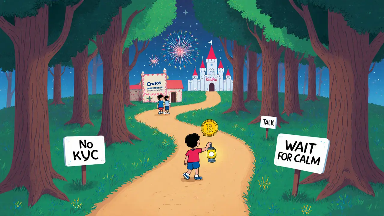 A child leads others along a path to a quiet cottage, holding a CRTS token like a lantern.