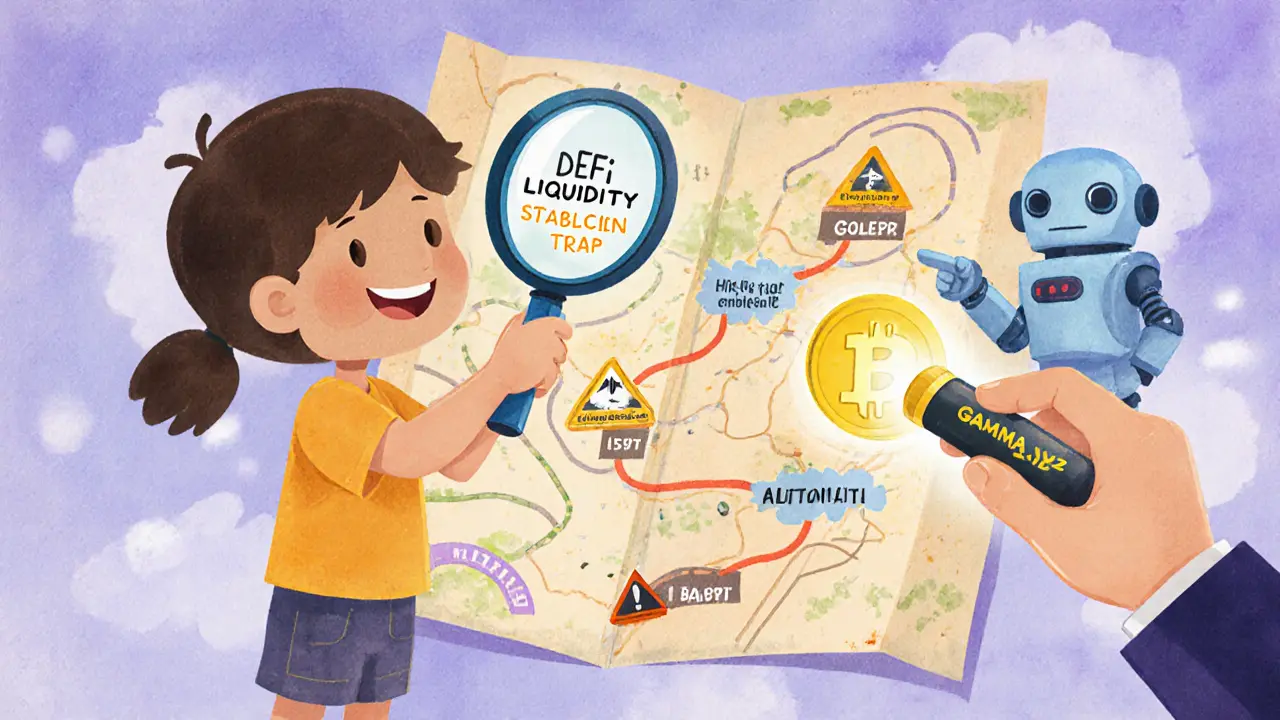 A child uses a magnifying glass on a treasure map of DeFi, guided by a robot to safe paths, avoiding danger zones in a cheerful illustrated style.