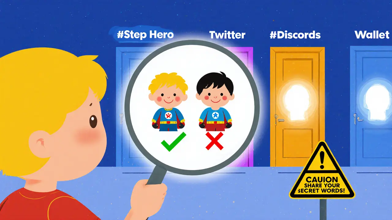 A child uses a magnifying glass to tell apart two similar crypto heroes, one marked correct and one wrong.