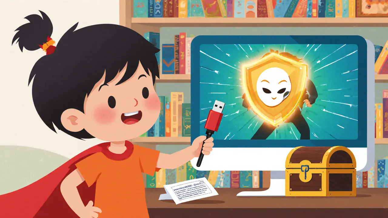 A child using a hardware wallet to block a hacker, with a recovery phrase stored in a fireproof chest.