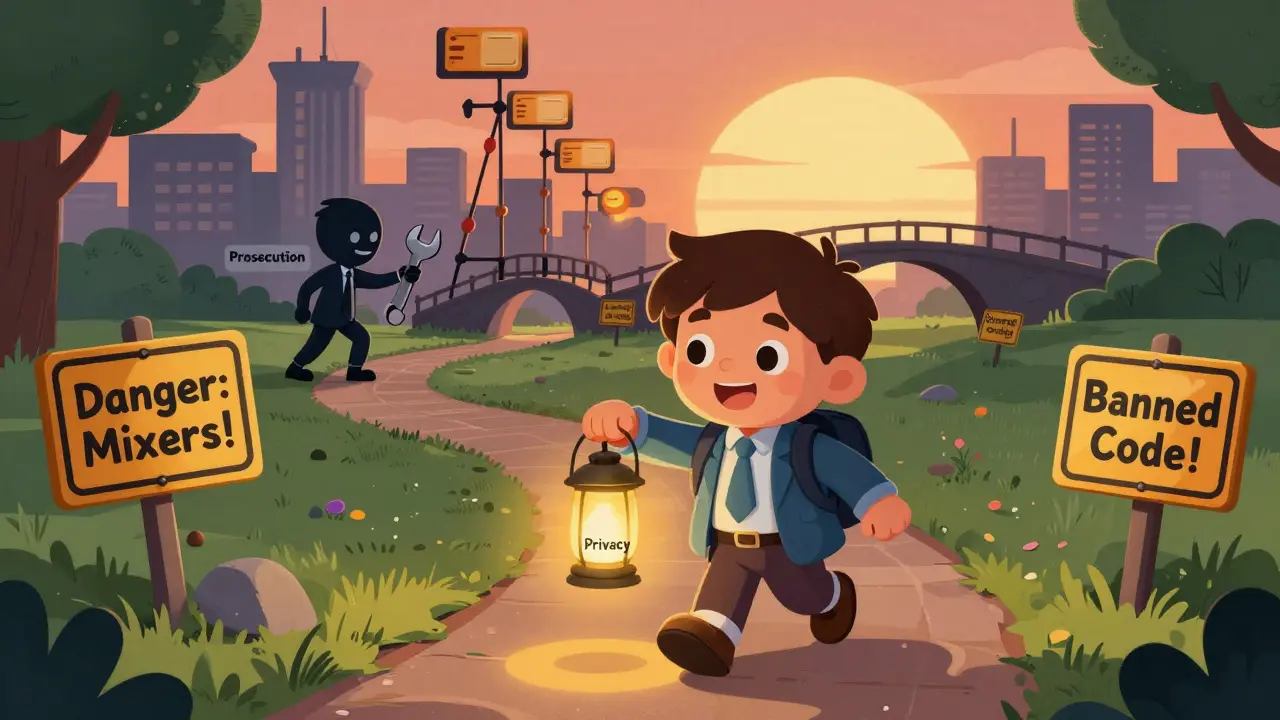 A developer carries a privacy lantern past warning signs, heading toward a bridge of zero-knowledge proofs.