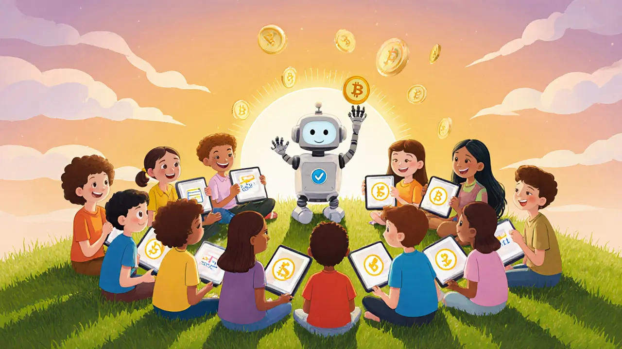 A diverse group checks transparent blockchain claims on tablets, coins returning to them as a robot approves a payout.