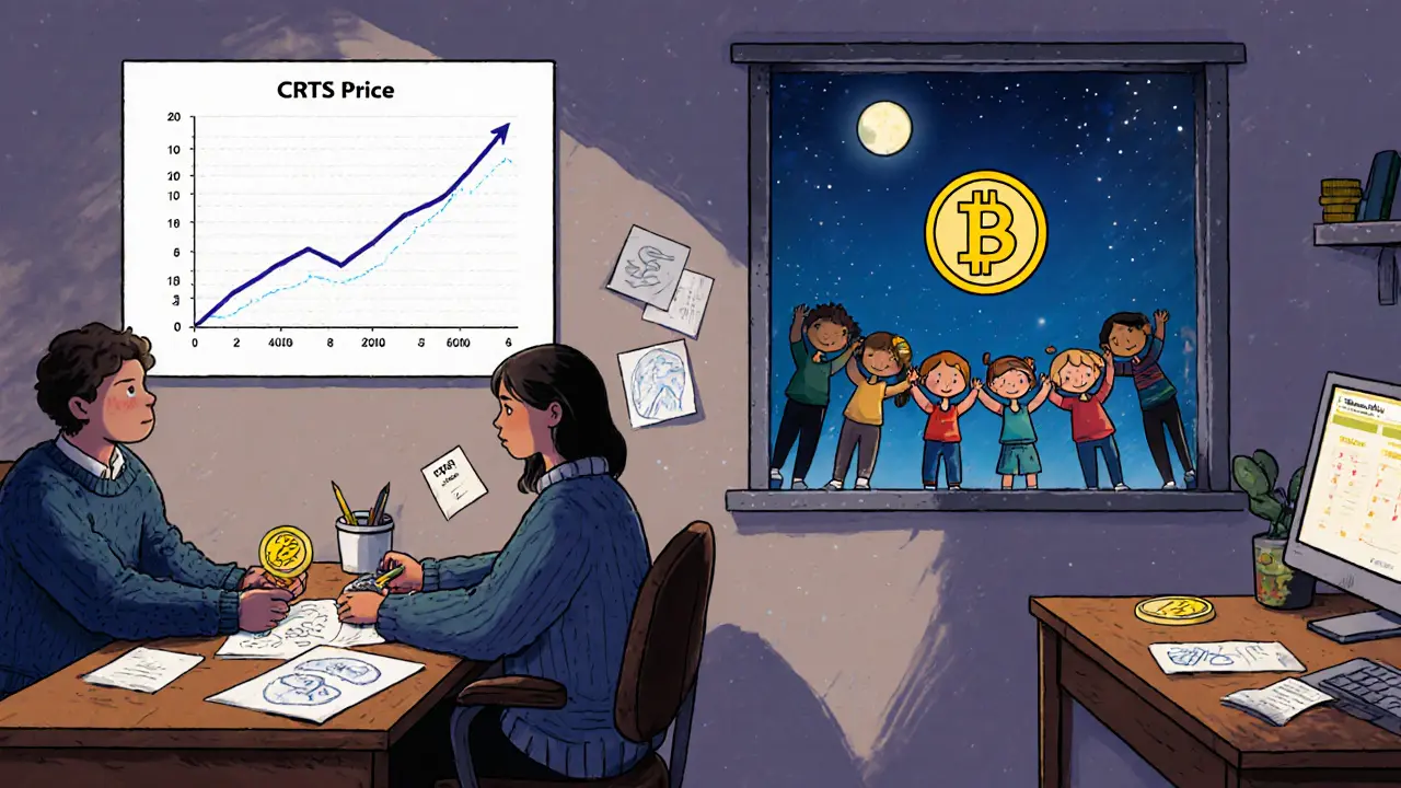 A small team works quietly at night with a steady CRTS price chart rising above them.