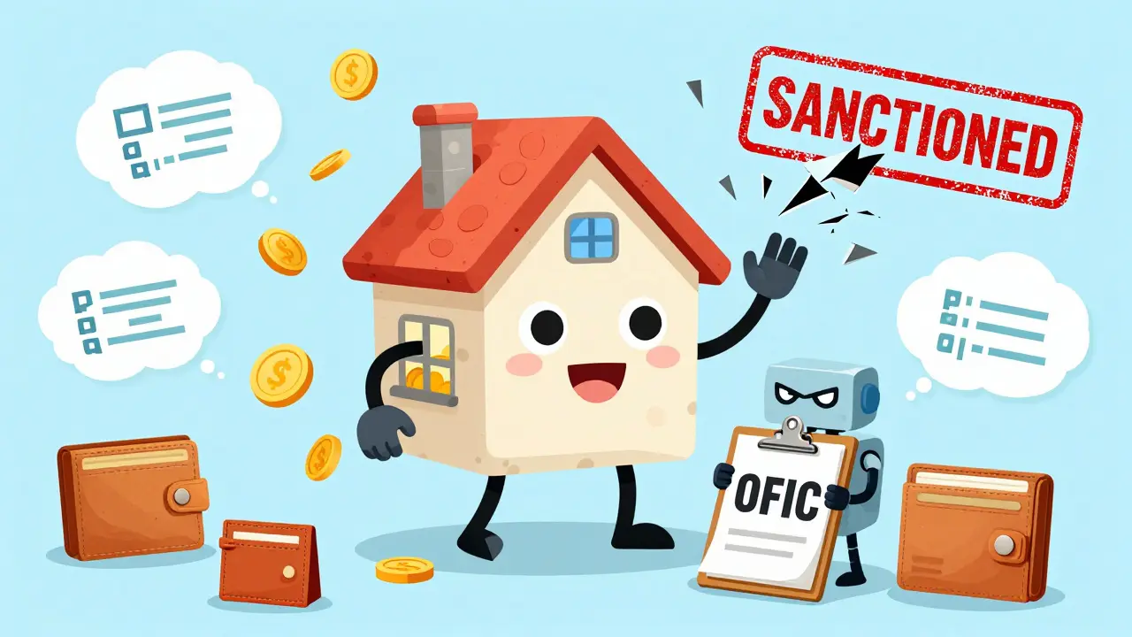 A smiling smart contract house escapes from a government robot trying to shut it down.