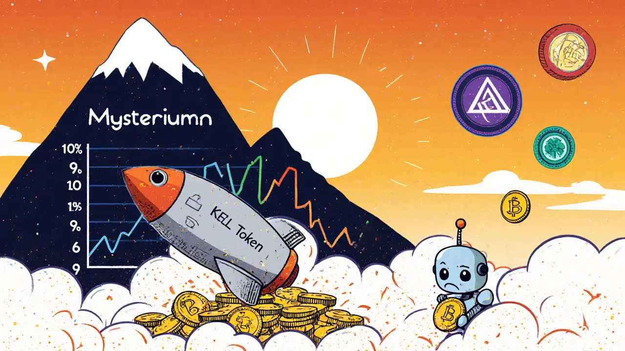 A tiny KEL token spaceship crashes down a mountain of falling coins, while other crypto coins float safely away.
