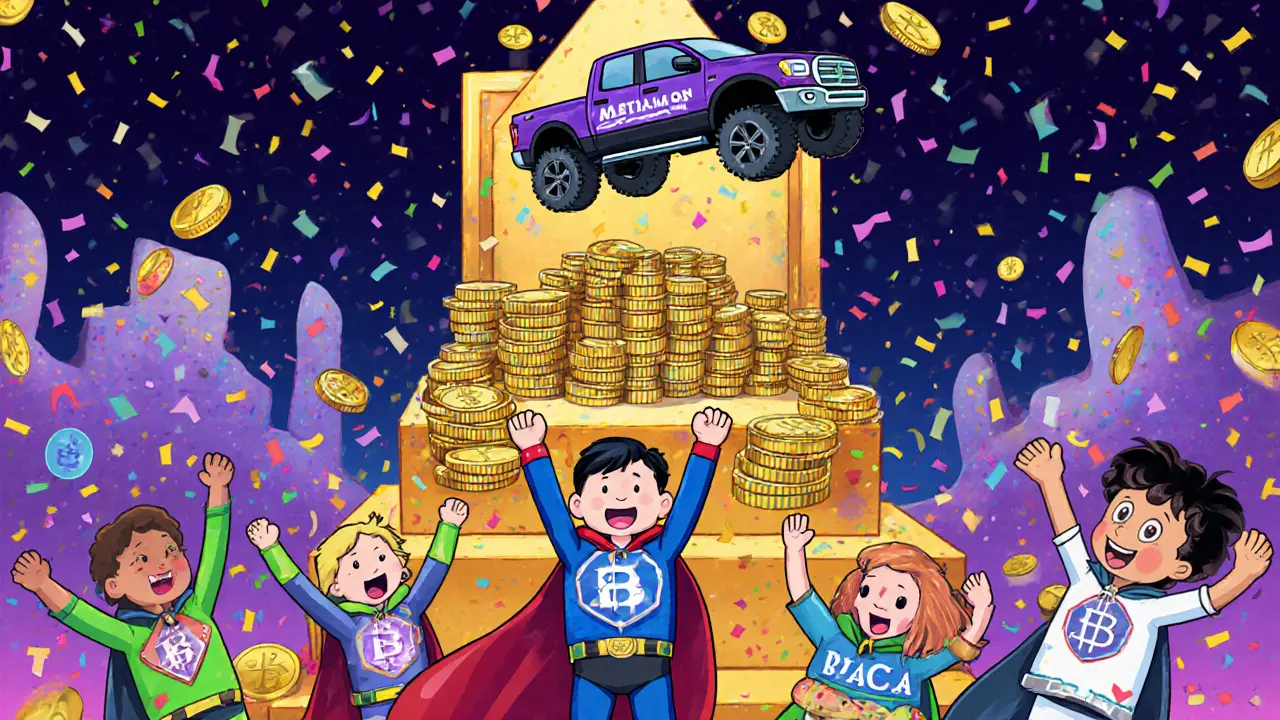 A tiny Tesla Cybertruck NFT above a throne of MPB badges, with superhero holders cheering as tokens float around them.