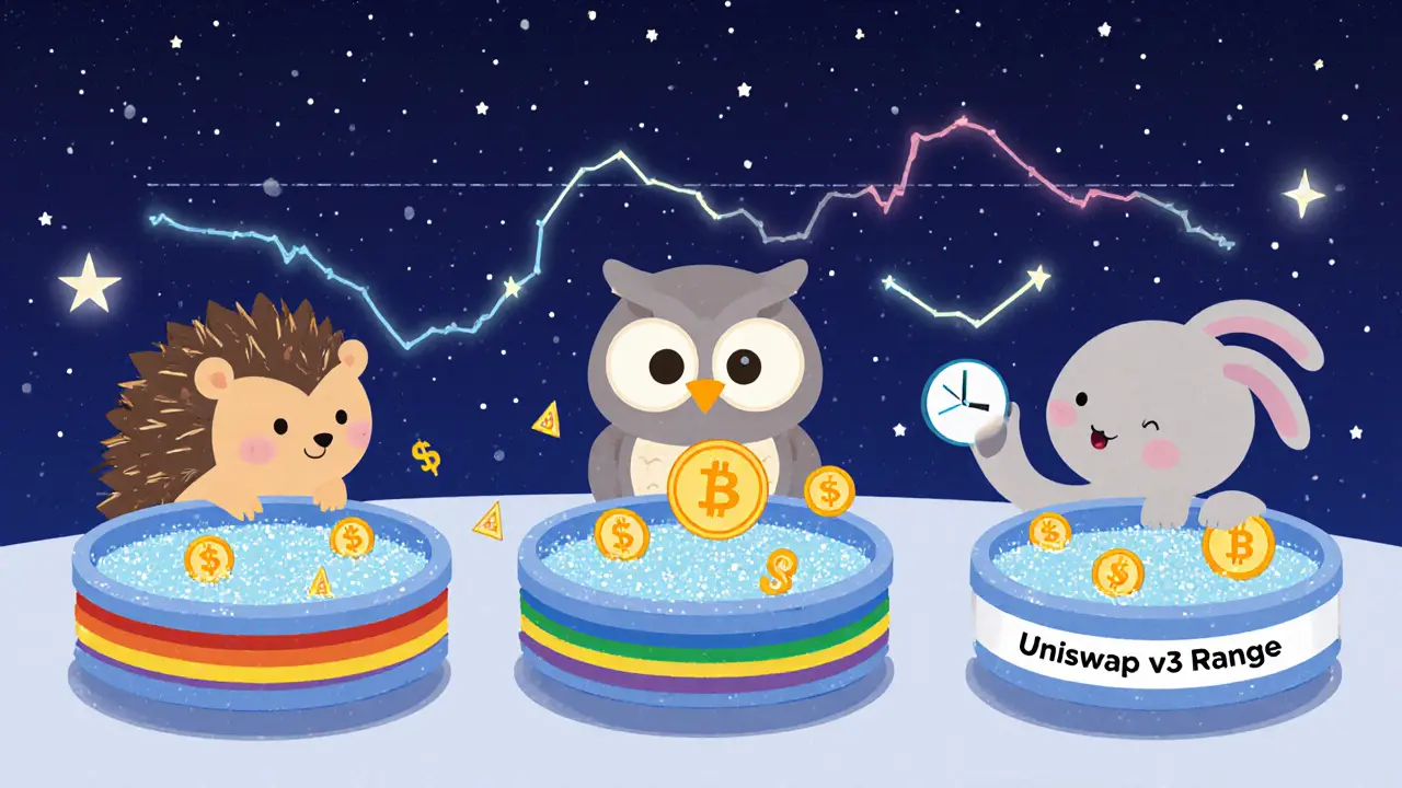 Animal friends examine three different DeFi liquidity pools, with stablecoins calm and volatile coins bouncing, under a starry sky.
