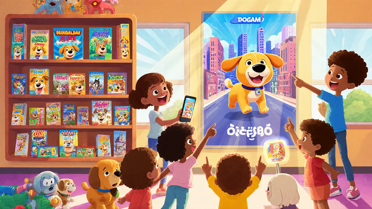 Children excitedly exploring DOGAMÍ comics, plush toys, and a game tablet on a bookstore shelf.