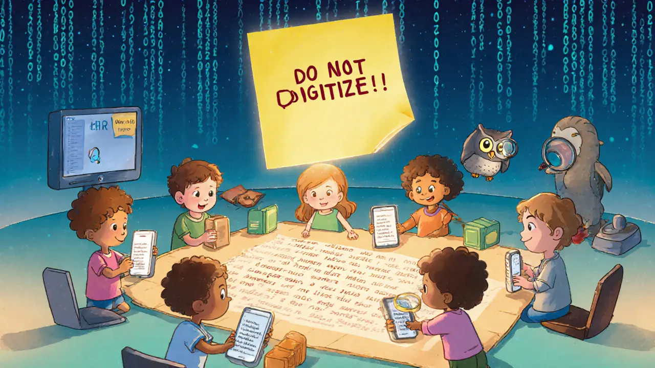 Children passing a 12-word recovery phrase on paper, each holding a different type of crypto wallet.