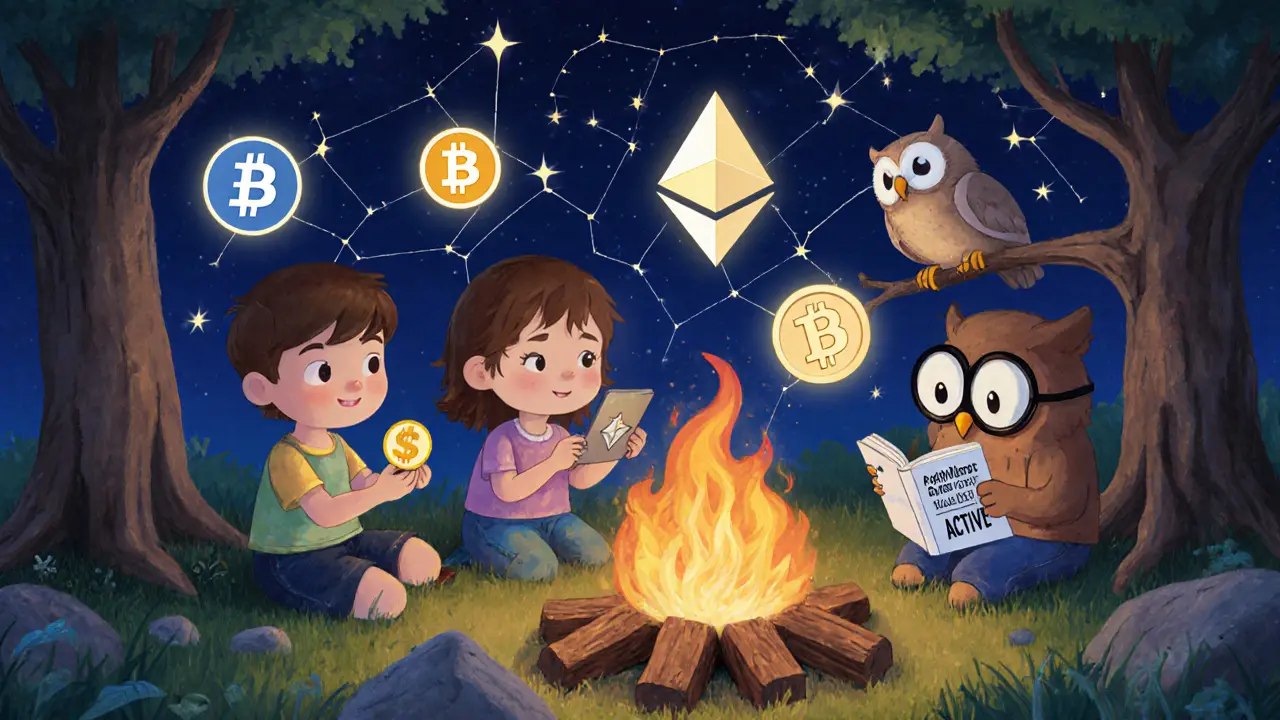 Kids gather around a campfire of blockchain logs, sharing stories under a starry sky shaped like crypto symbols.