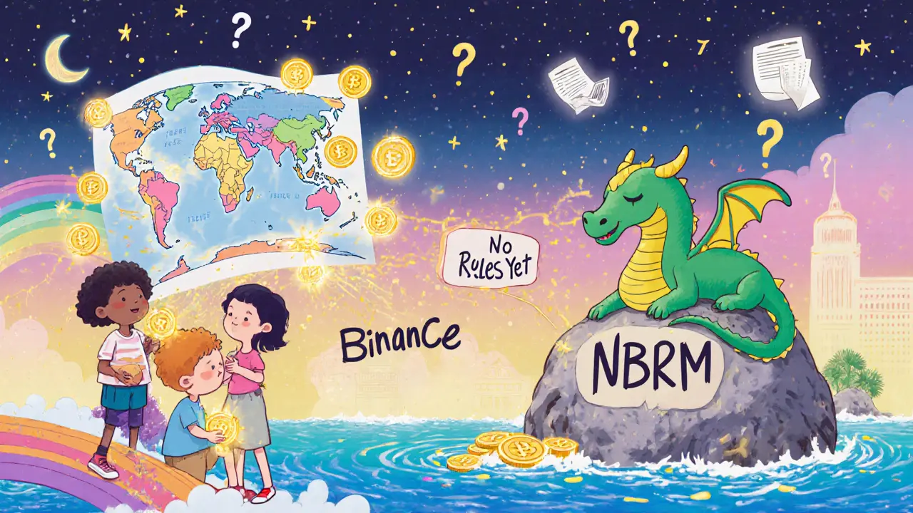 Kids send crypto coins across a rainbow bridge to a distant island while a sleeping dragon watches.