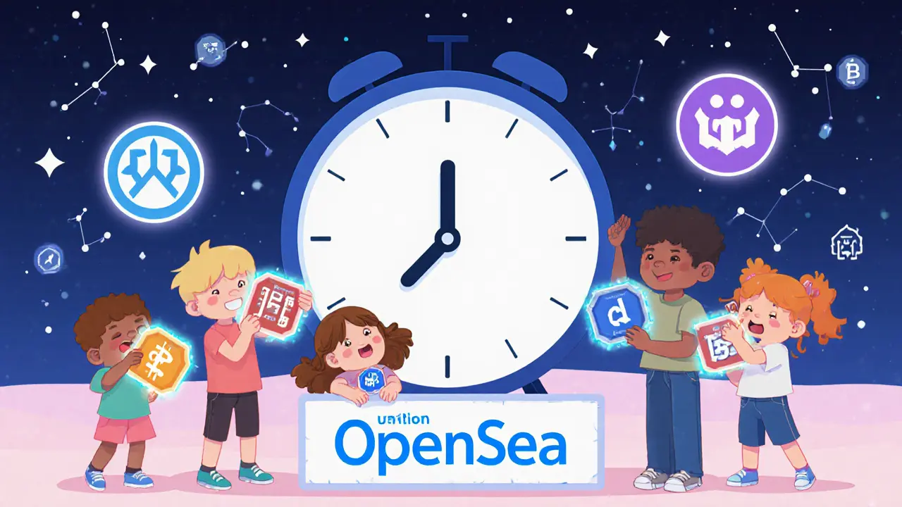 Kids with different Metamon NFTs gathered around a digital clock at 16:00 UTC, one trying to remove an NFT from a marketplace.