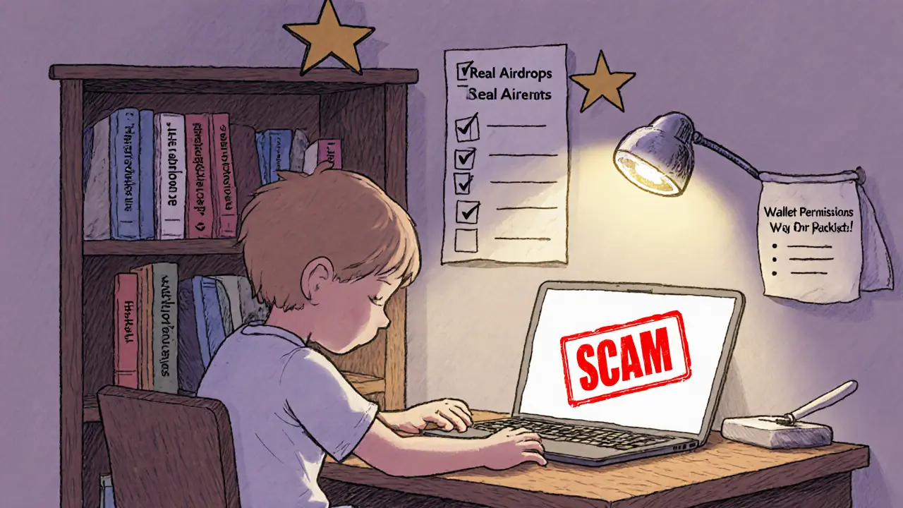 A child closes a scam laptop, surrounded by books about safe crypto practices, with a glowing checklist marked &#039;Safe!&#039; above.